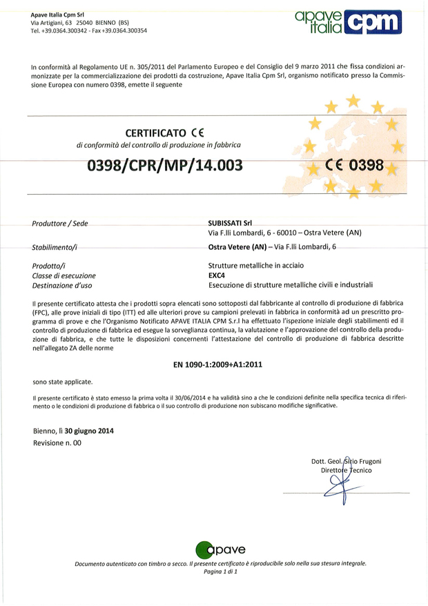 Certificato CE 0398