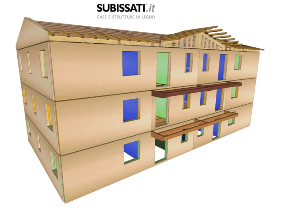 Render 3D case in legno prefabbricate Subissati