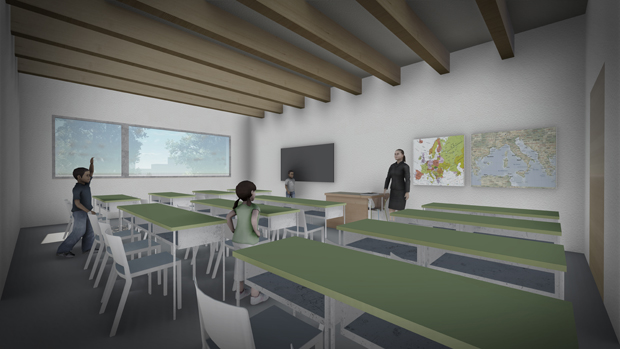 Render interno scuola pubblica in legno